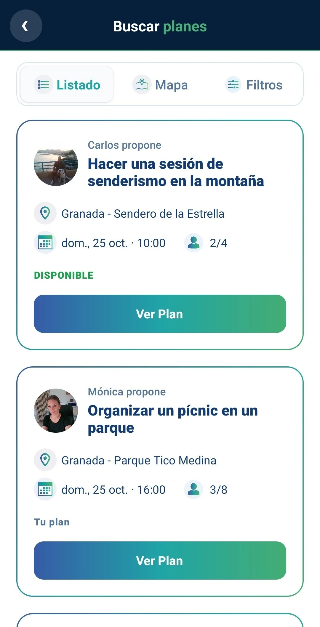 Captura de la app MesaPara3: pantalla de Buscar planes
