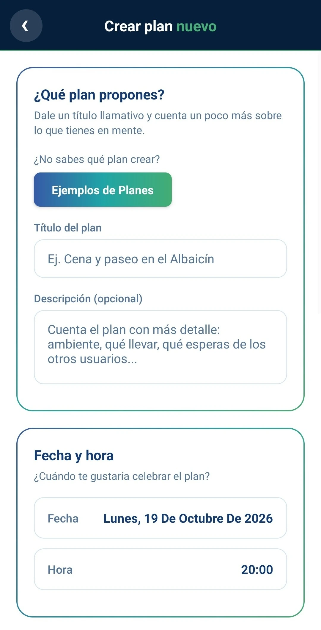 Pantalla de crear plan
