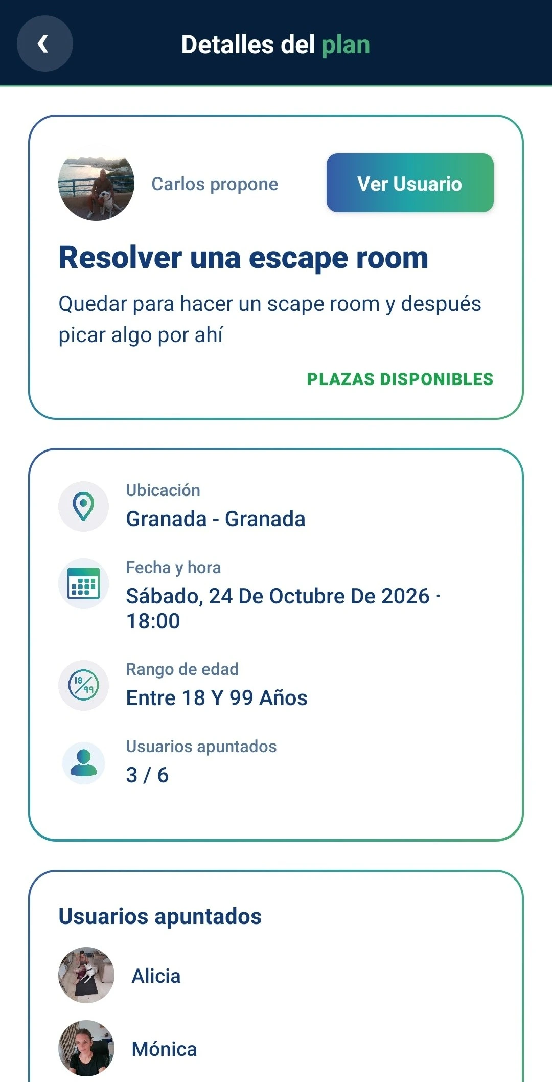 Pantalla de detalles del plan